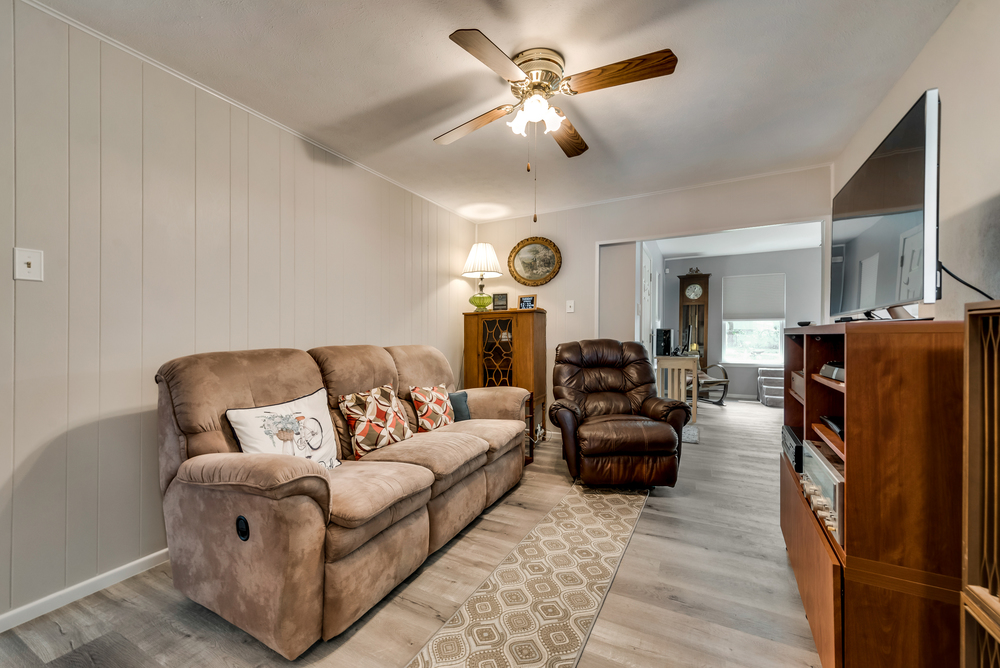    Engineered Floors Stretch Thru Home Except Bathrooms 