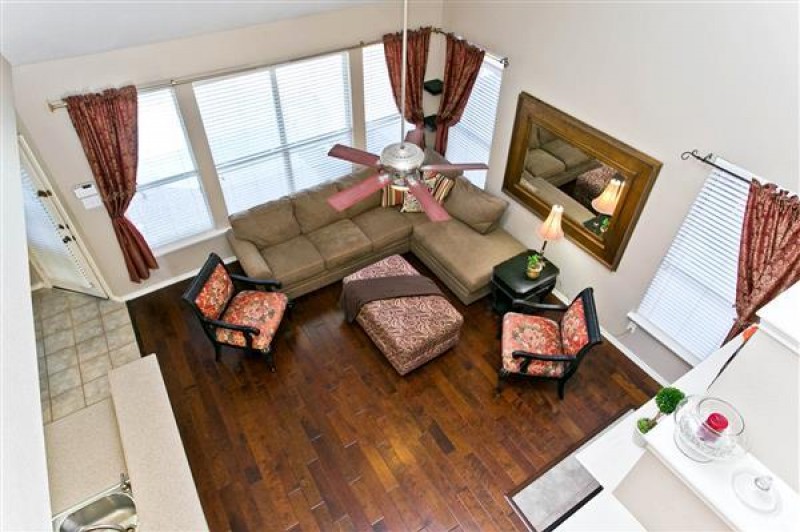    Staircase view overlooking family room 