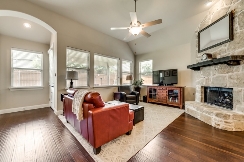    Inviting Family Room with Austin Stone Fireplace 