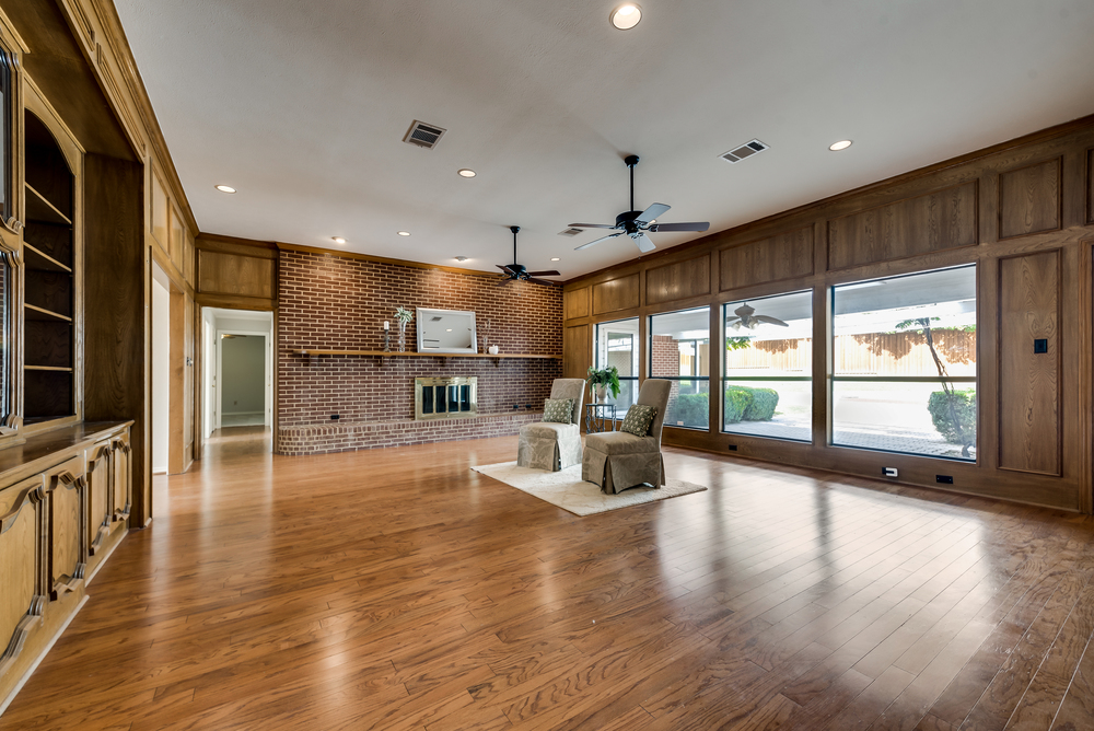    Brick Fireplace with Raised Hearth and Mantel 